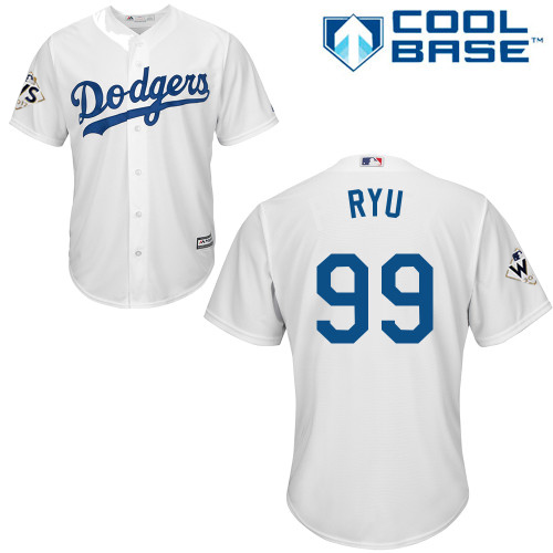 Dodgers #99 Hyun-Jin Ryu White Cool Base World Series Bound Stitched Youth MLB Jersey - Click Image to Close